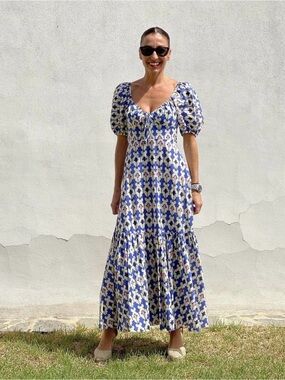 zara blue and cream dress EMBROIDERED PRINTED DRESS - Blue / White